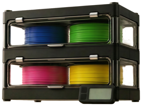 Weylo stacked filament dry-boxes holding four colored spools with a display
